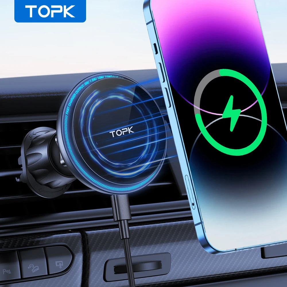 TOPK for Magsafe Car Phone Holder Charger 15W Fast Wireless Magnetic Car Phone Mount for Air Vent for iPhone 16/15/14/13/12