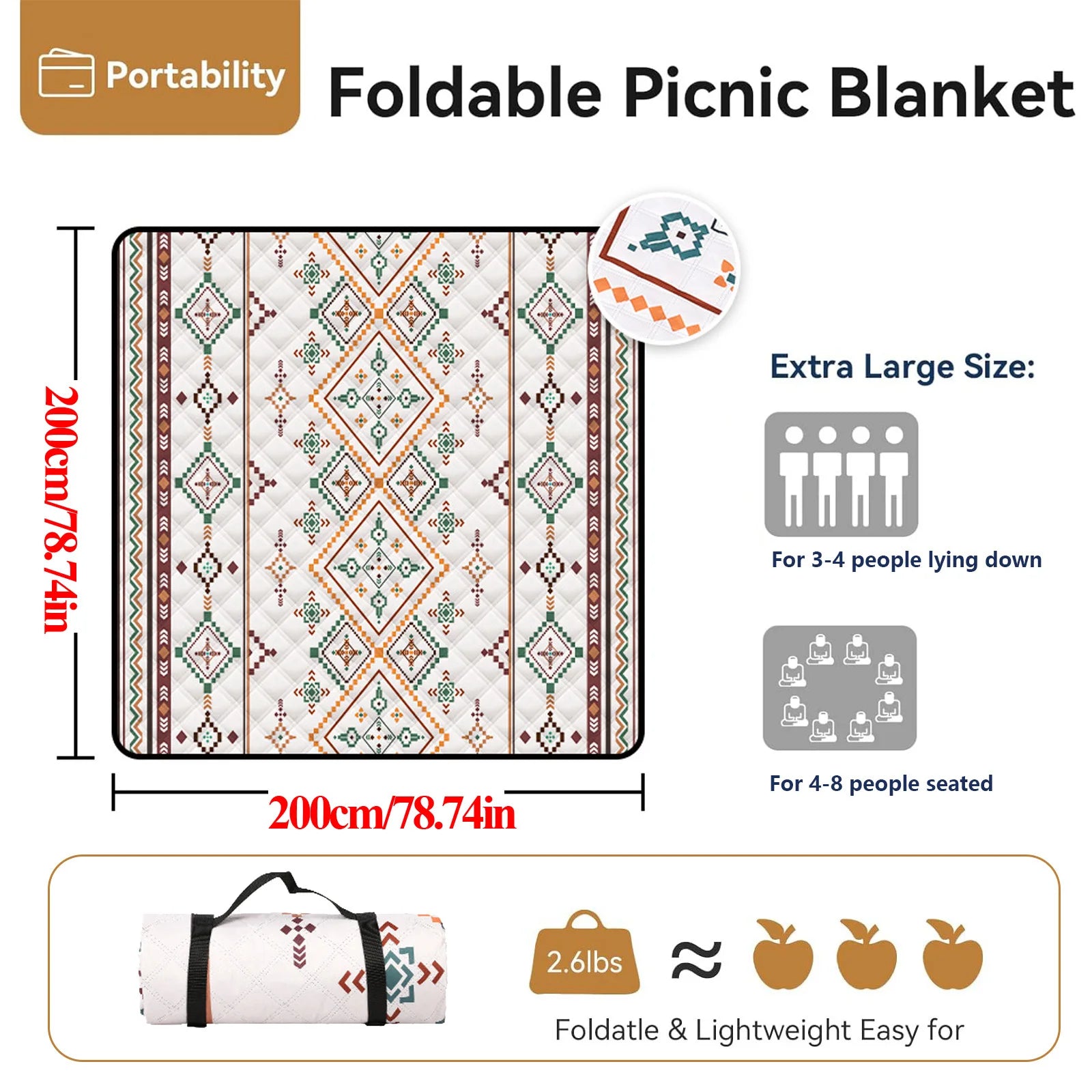 Waterproof Picnic Blanket, 200x200CM Large Beach Blanket Outdoor Picnic Mat, Beach Mat with Carrying Handle for Camping, Beach